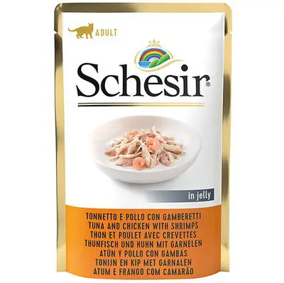 Schesir C578 Pouch Jelly Ton Balıklı Tavuk ve Karidesli Kıyılmış Kedi Yaş Maması 85 Gr