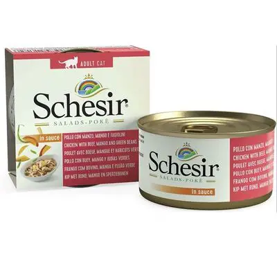 Schesir 1071820 Salads Poke Tavuk, Sığır, Mango ve Yeşil Fasulyeli Kedi Salatası Konservesi 85 Gr