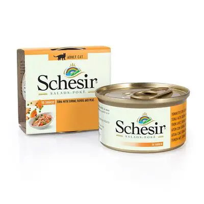 Schesir 1071840 Salads Poke Ton Balıklı, Surimili, Papaya ve Bezelye Kedi Salatası Konservesi 85 Gr